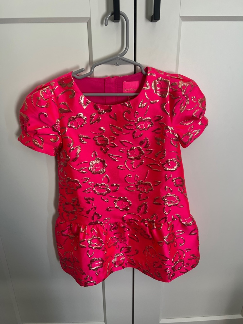 Lilly Pulitzer Erina Dress Girls Bright Pink Dress with Gold Floral Jacquard 5T